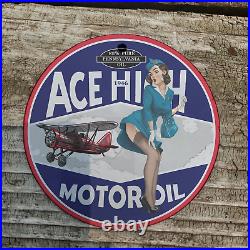 Vintage 1946 Ace High Motor Oil Porcelain Gas Oil 4.5 Sign