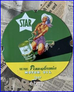 Vintage 1947 Star Pennsylvania Motor Oil 12 Inch Porcelain Enamel Sign