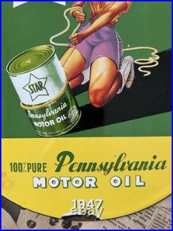 Vintage 1947 Star Pennsylvania Motor Oil 12 Inch Porcelain Enamel Sign