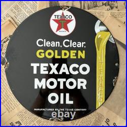 Vintage 1948 Texaco Motor Oil Clean Clear Golden 12 Inch Porcelain Enamel Sign