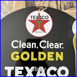 Vintage 1948 Texaco Motor Oil Clean Clear Golden 12 Inch Porcelain Enamel Sign