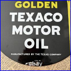 Vintage 1948 Texaco Motor Oil Clean Clear Golden 12 Inch Porcelain Enamel Sign