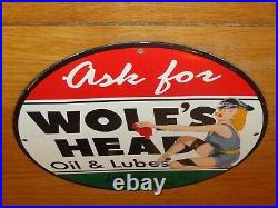 Vintage 1948 Wolf's Head Motor Oil Model 11 3/4 Porcelain Metal Gasoline Sign