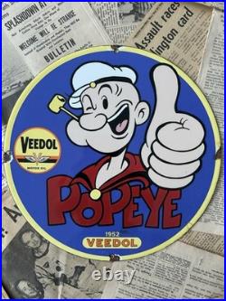 Vintage 1952 Veedol Motor Oil Popeye Sailor 12 Inch Porcelain Enamel Sign