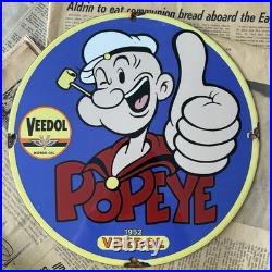 Vintage 1952 Veedol Motor Oil Popeye Sailor 12 Inch Porcelain Enamel Sign