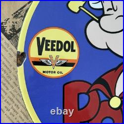 Vintage 1952 Veedol Motor Oil Popeye Sailor 12 Inch Porcelain Enamel Sign