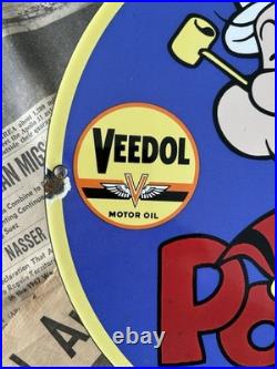 Vintage 1952 Veedol Motor Oil Popeye Sailor 12 Inch Porcelain Enamel Sign