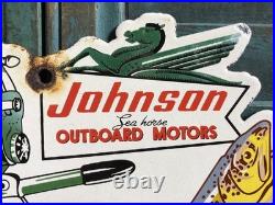 Vintage 1954 Dated Johnson Seahorse Boat Motor 10 Porcelain Sign Gas Oil