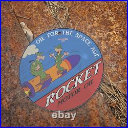 Vintage 1956 Rocket Motor Oil Beetle Bailey Porcelain Gas Oil 4.5 Sign