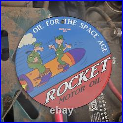 Vintage 1956 Rocket Motor Oil Beetle Bailey Porcelain Gas Oil 4.5 Sign