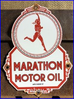 Vintage 1957 Dated Marathon Motor Oil Porcelain Gasoline Gas Sign Pump Plate