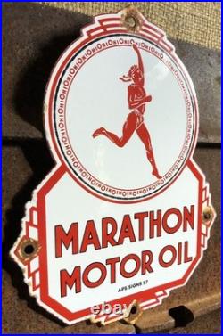 Vintage 1957 Dated Marathon Motor Oil Porcelain Gasoline Gas Sign Pump Plate