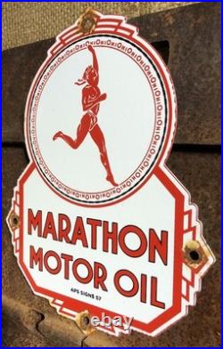 Vintage 1957 Dated Marathon Motor Oil Porcelain Gasoline Gas Sign Pump Plate