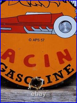 Vintage 1957 Lion Racing Gasoline Porcelain Sign Oval Motor Oil Gas High Octane