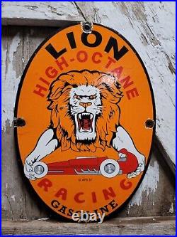 Vintage 1957 Lion Racing Gasoline Porcelain Sign Oval Motor Oil Gas High Octane