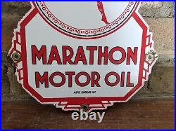 Vintage 1957 Marathon Motor Oil Porcelain Gas Station Die Cut Sign 12 X 7.5