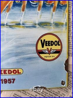 Vintage 1957 Veedol Motor Oil Gas Station 8x12 Inches Porcelain Enamel Sign
