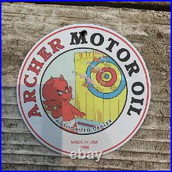 Vintage 1958 Archer Motor Oil Hot Stuff Porcelain Gas Oil 4.5 Sign