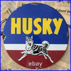 Vintage 1959 Husky Motor Oil Gasoline 12 Inch Porcelain Enamel Sign
