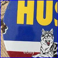 Vintage 1959 Husky Motor Oil Gasoline 12 Inch Porcelain Enamel Sign