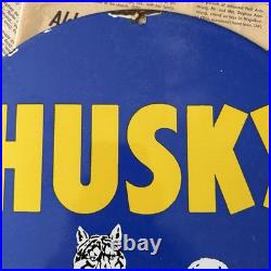 Vintage 1959 Husky Motor Oil Gasoline 12 Inch Porcelain Enamel Sign