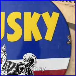 Vintage 1959 Husky Motor Oil Gasoline 12 Inch Porcelain Enamel Sign