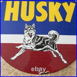 Vintage 1959 Husky Motor Oil Gasoline 12 Inch Porcelain Enamel Sign
