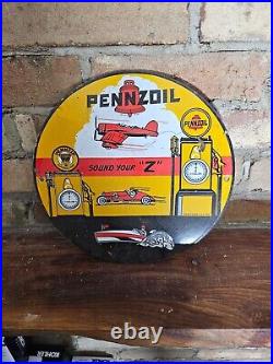 Vintage 1959 Pennzoil Motor Oil Porcelain Metal Gas Pump Sign Gasoline Pure Penn