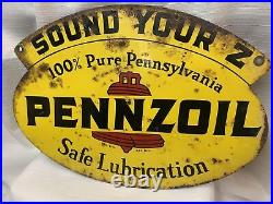 Vintage 1960 Pennzoil Motor Oil Gas Station 2 Sided 16.5 x 11.5 Metal Sign