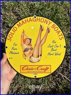 Vintage 1961 Chris Craft Porcelain Mahogany Boat Motor Gas Oil Metal 12 Sign