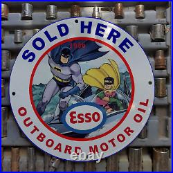 Vintage 1966 Esso Outboard Motor Oil'Batman & Robin' Porcelain Gas & Oil Sign