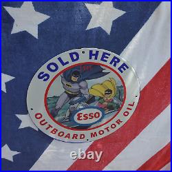 Vintage 1966 Esso Outboard Motor Oil'Batman & Robin' Porcelain Gas & Oil Sign