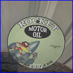 Vintage 1967 Rocket Motor Oil Mighty Mouse Porcelain Gas Oil 4.5 Sign