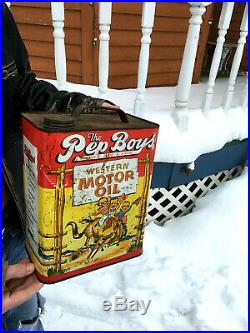 Vintage 2 gal Pep Boys Western Motor Oil Can with logo Sign Gas Gasoline Man Cave