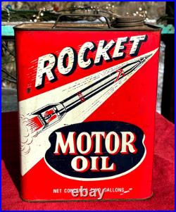 Vintage 2 gal metal Rocket Motor Oil early Square Oil Gasoline sign neat Graphic Vintage 2 gal metal Rocket Motor Oil early Square Oil Gasoline sign neat Graphic