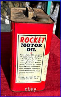 Vintage 2 gal metal Rocket Motor Oil early Square Oil Gasoline sign neat Graphic