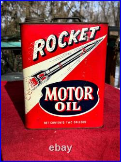 Vintage 2 gal metal Rocket Motor Oil early Square Oil Gasoline sign neat Graphic