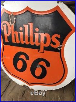 Vintage 30 Phillips 66 Porcelain Gas Motor Oil Double Sided Sign