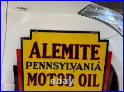 Vintage ALEMITE PENNSYLVANIA MOTOR OIL PORCELAIN ENAMEL SIGN 30 x 24