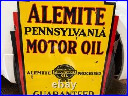 Vintage ALEMITE PENNSYLVANIA MOTOR OIL PORCELAIN ENAMEL SIGN 30 x 24