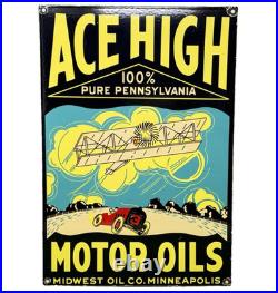Vintage Ace High Gasoline Porcelain Sign Dealership Gas Station Plabe Motor Oil