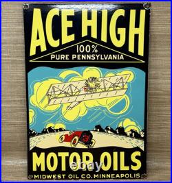 Vintage Ace High Gasoline Porcelain Sign Dealership Gas Station Plabe Motor Oil