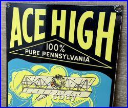 Vintage Ace High Gasoline Porcelain Sign Dealership Gas Station Plabe Motor Oil