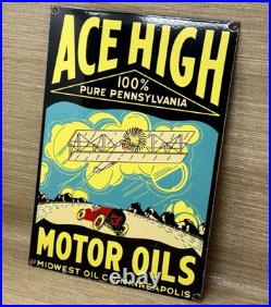 Vintage Ace High Gasoline Porcelain Sign Dealership Gas Station Plabe Motor Oil