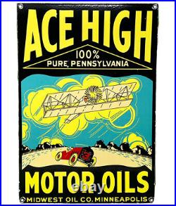 Vintage Ace High Gasoline Porcelain Sign Gas Station Pump Motor Oil Service