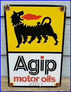 Vintage Agip Motor Oil Porcelain Can Shaped Sign Gas Station Pump Plate Fuel