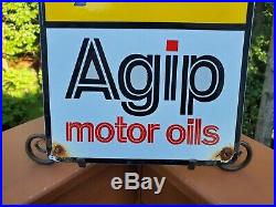 Vintage Agip Motor Oil Porcelain Can Shaped Sign Gas Station Pump Plate Fuel