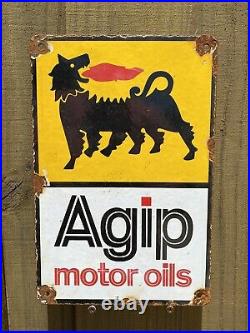 Vintage Agip Motor Oil Porcelain Metal Sign Italian Fuel Oil Gas Petrol Italy