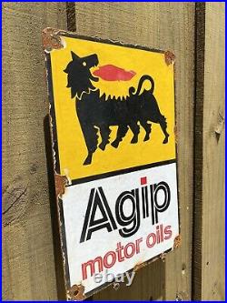 Vintage Agip Motor Oil Porcelain Metal Sign Italian Fuel Oil Gas Petrol Italy