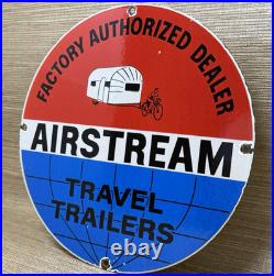 Vintage Airstream Travel Trailers Porcelain Sign Dealership Gas Motor Oil Bike